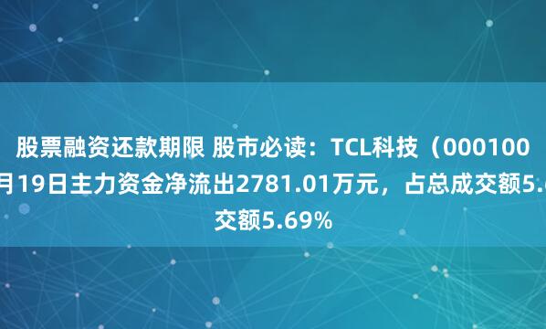 股票融资还款期限 股市必读：TCL科技（000100）5月19日主力资金净流出2781.01万元，占总成交额5.69%